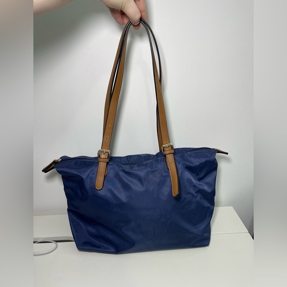Simon’s Navy Medium Size Nylon Faux Leather shoulder Tote Handbag - Picture 1 of 13